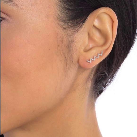 EF Collection 14k White Gold Diamond Pair Zigzag Ear Cuffs Climbers - Picture 4 of 4